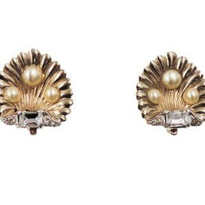 Vintage 1950s Jomaz Joseph Mazer Faux-Pearl Clear Rhinestone Shell Clip Earrings